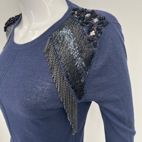 AnnaRita N Knit Couture Blue Pullover Sweater with Beaded Shoulders Chain Fringe - Picture 5 of 9
